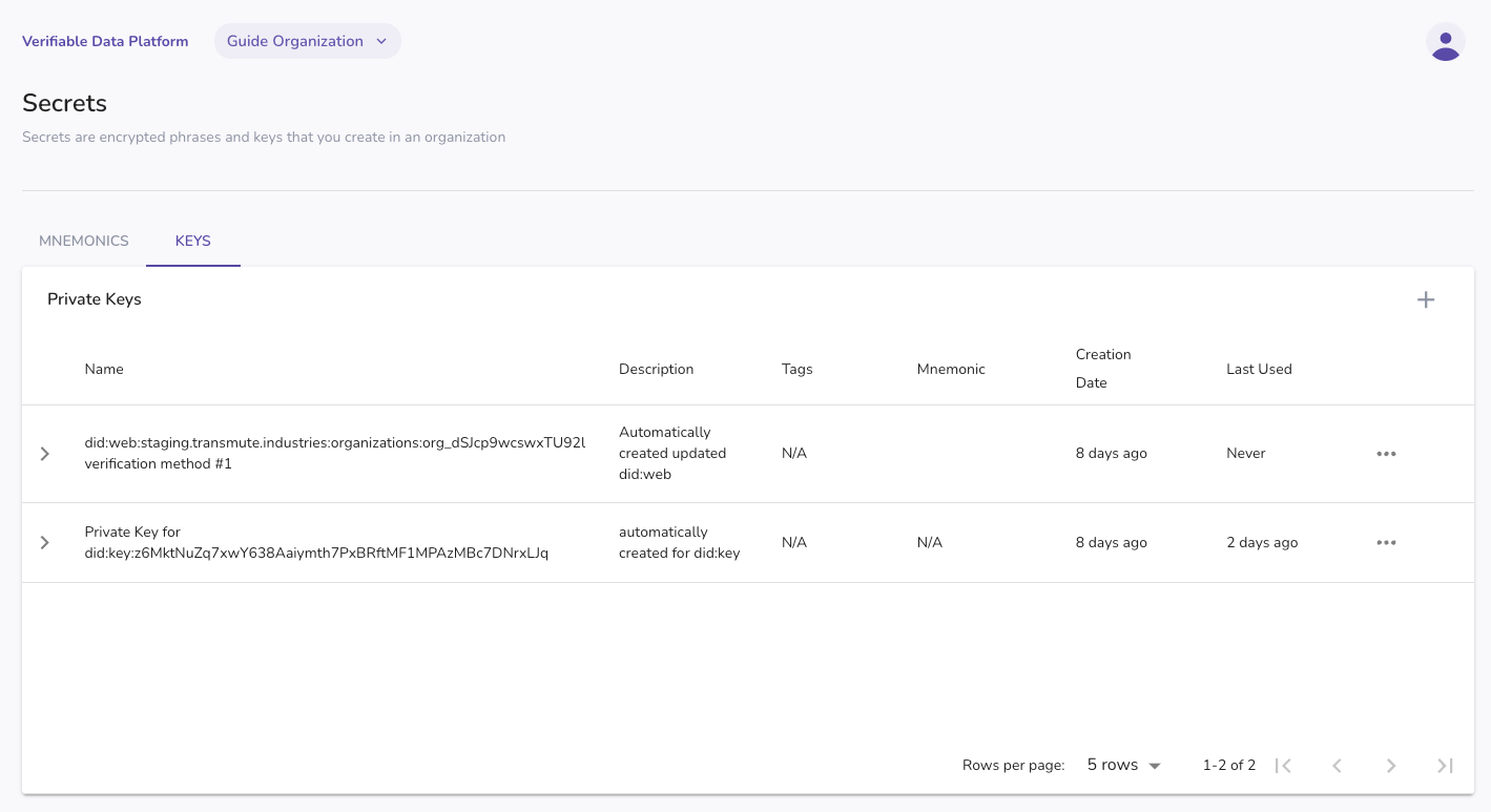 Private keys from onboarding