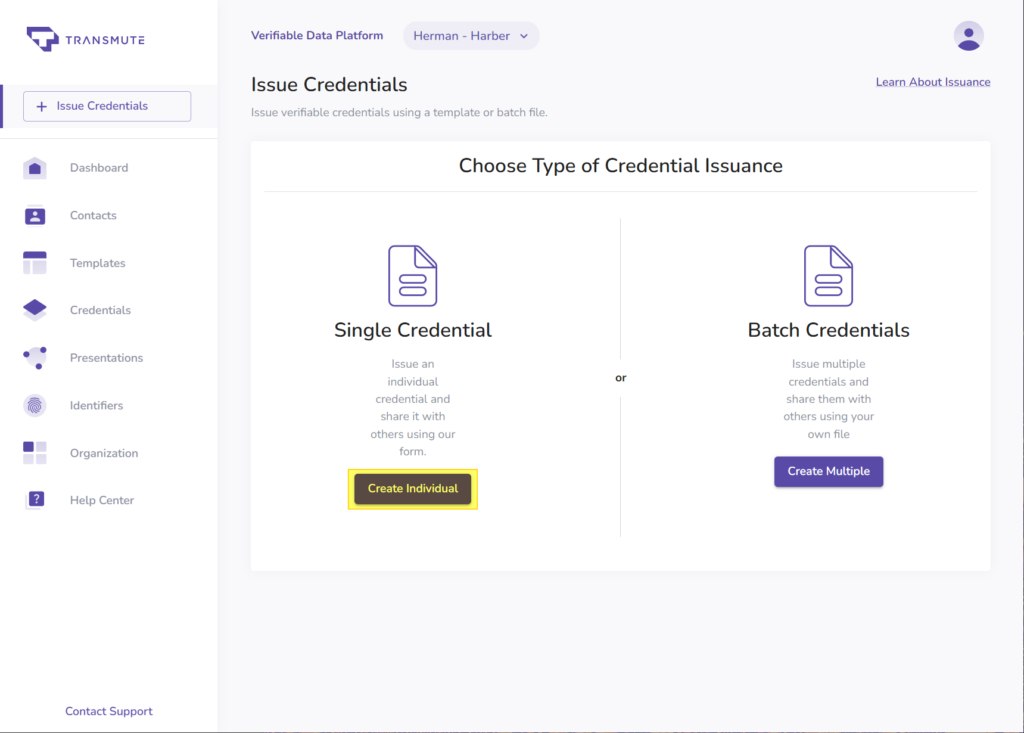 Create individual credential from template
