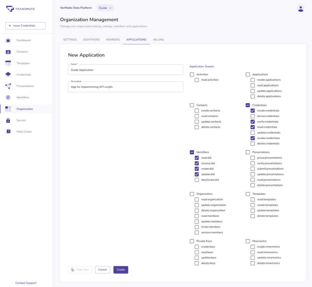 Application Creation Details.