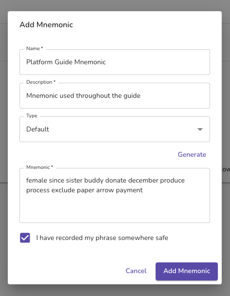 Generate mnemonic modal