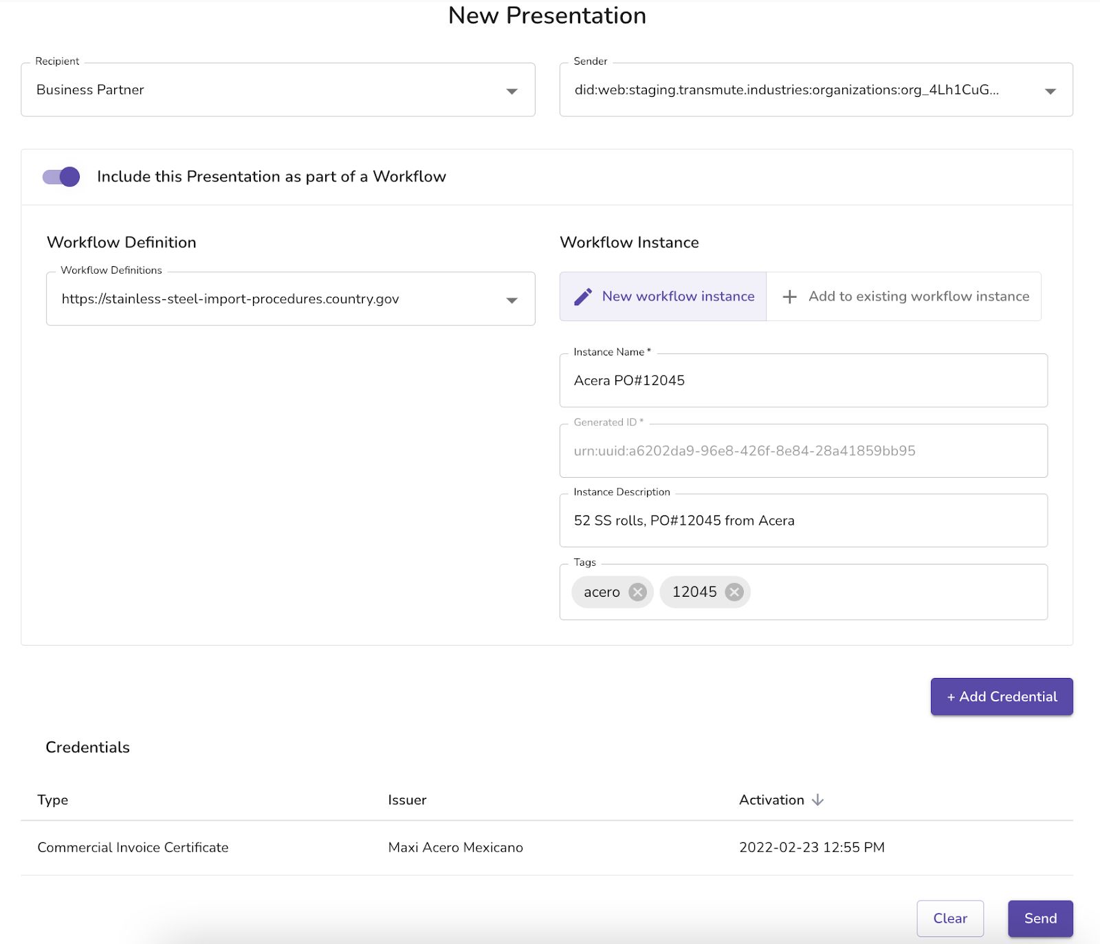 Presentation with workflow definition and instance