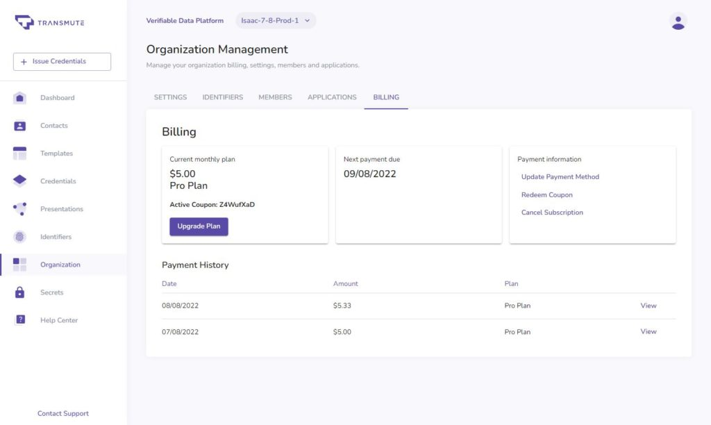 Billing page