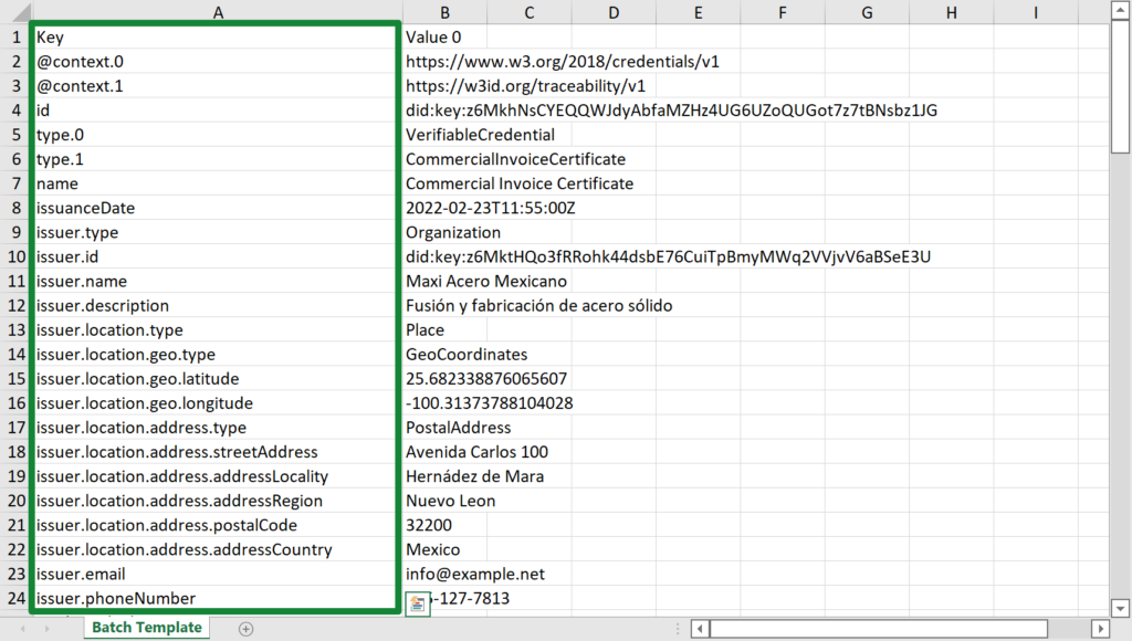 Key column in Excel file