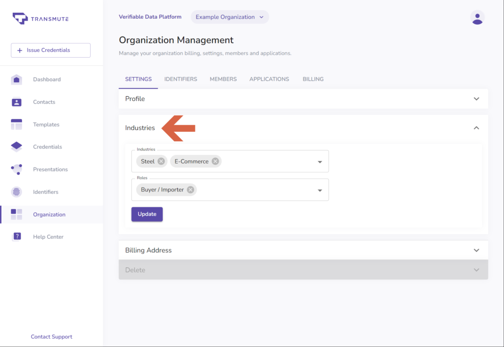 Organization industry settings