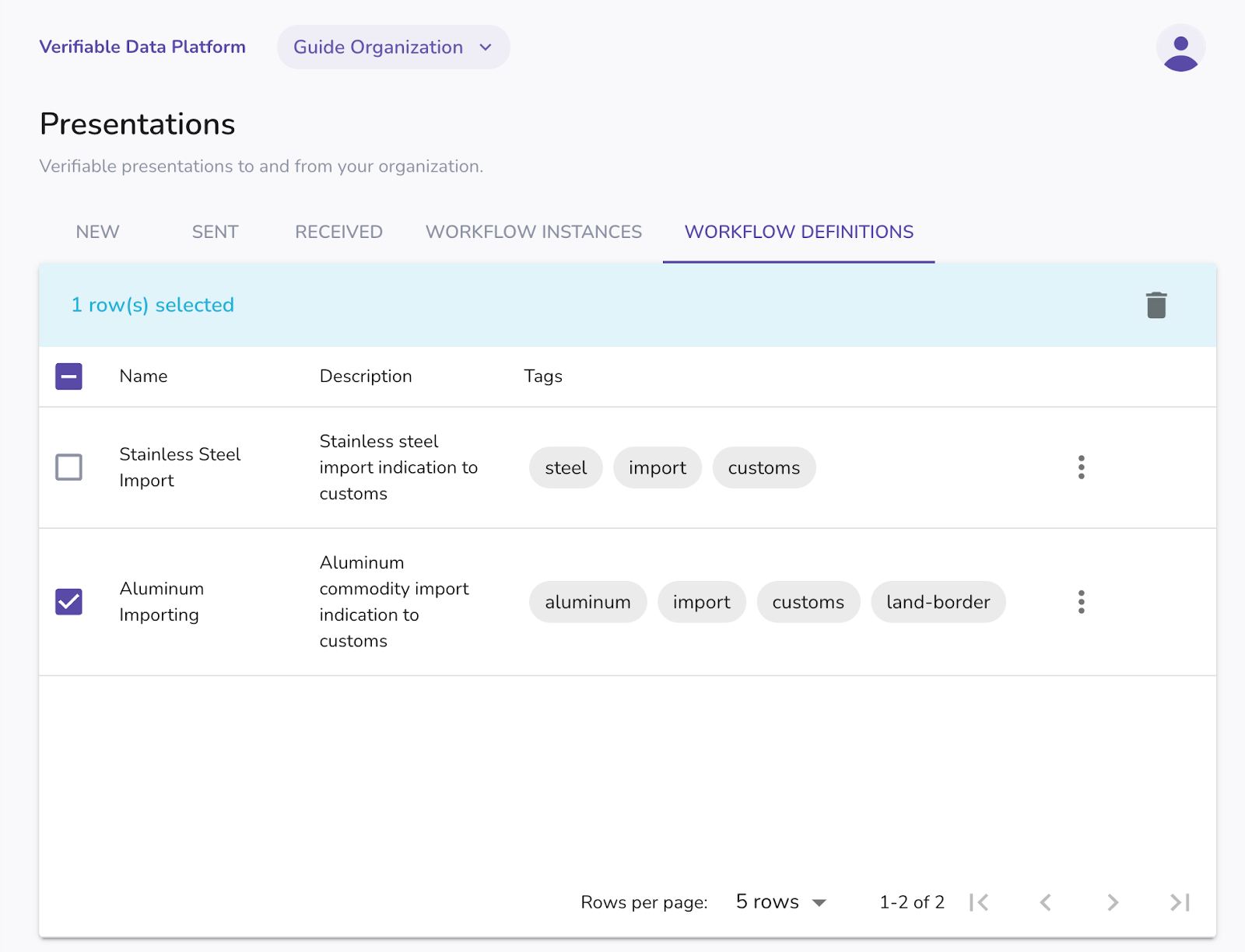 Select workflow for deletion