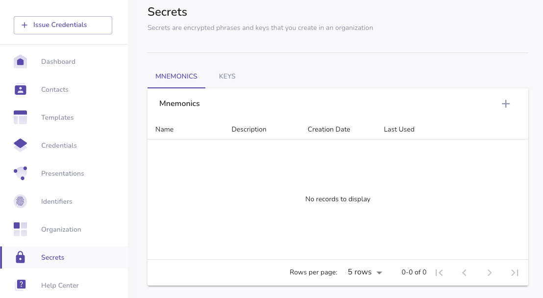 Mnemonics page in application