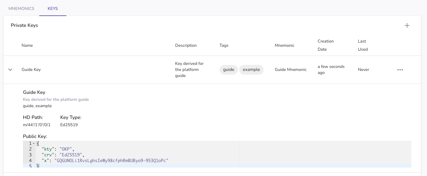 Private key details view