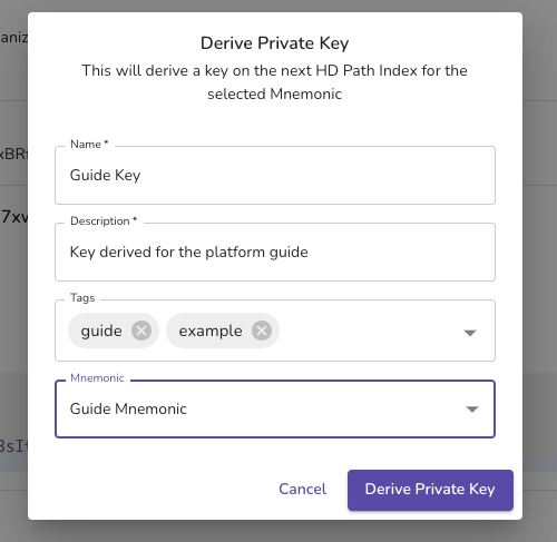 Modal to derive a private key