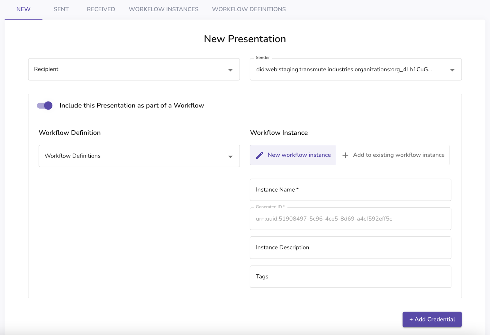 New presentation with workflow instance
