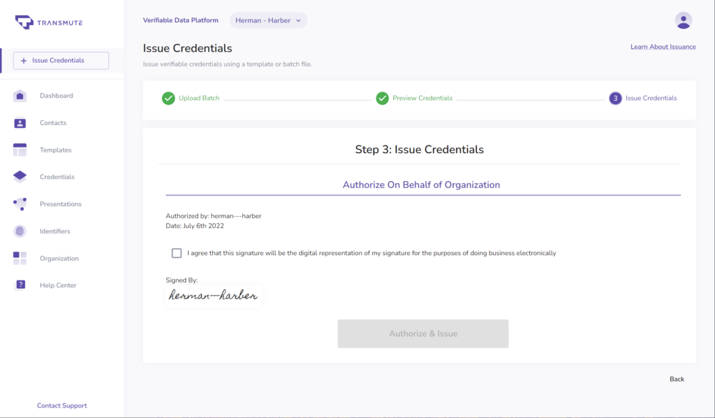Sign credentials from batch